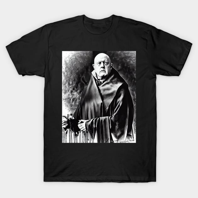 Aleister Crowley The Great Beast of Thelema Black and White Drawing as Old Wizard T-Shirt by hclara23